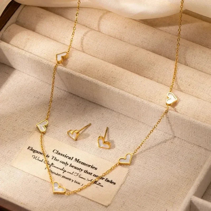 ANENJERY - Collar, pulsera y pendientes de acero inoxidable 316L con forma de corazón y concha para mujeres y niñas, conjunto de joyería sencilla de moda, regalos al por mayor