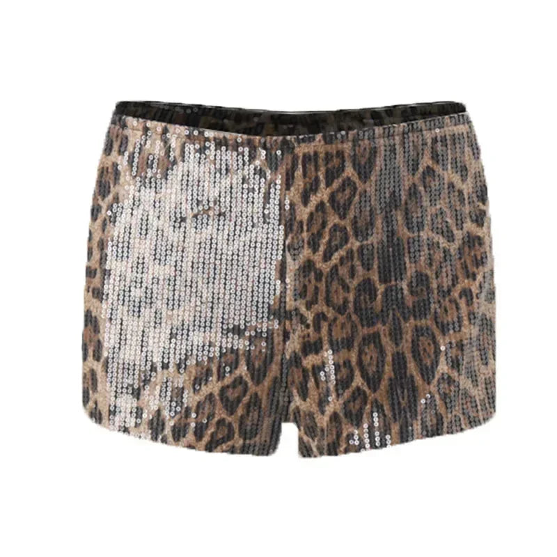 Shorts elegantes y brillantes con estampado de leopardo retro de WhereMery