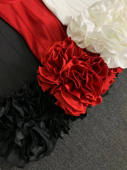 Real Photos Women New Bandage Dress Strapless Laced Up Back Flowers Hem Bodycon