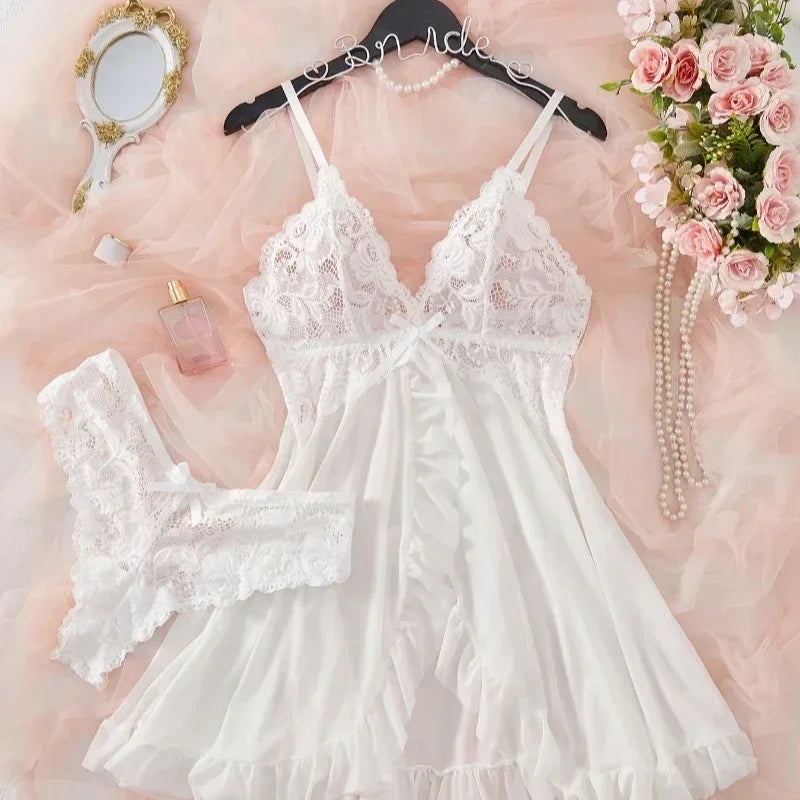 性感內衣套裝 女士情趣胸罩睡裙 性感蕾絲睡衣 純色修身柔軟連身裙 V領全襯裙睡衣連身裙