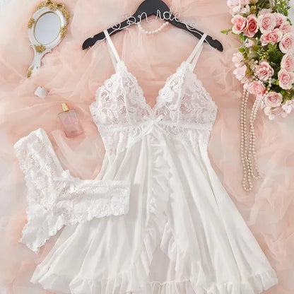性感內衣套裝 女士情趣胸罩睡裙 性感蕾絲睡衣 純色修身柔軟連身裙 V領全襯裙睡衣連身裙