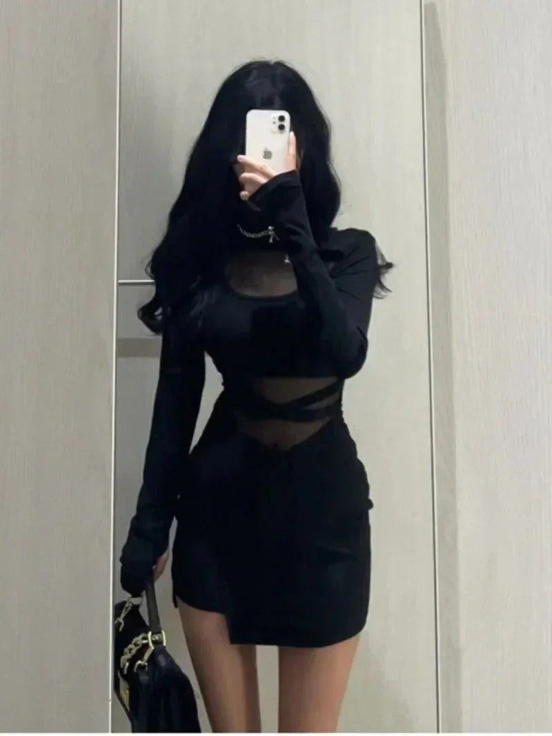 疊袖新款性感黑色魚骨連身裙