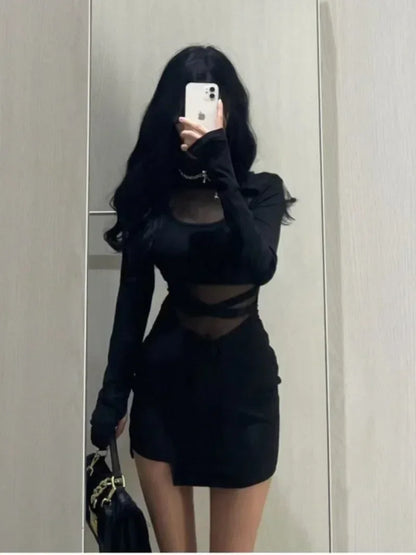 疊袖新款性感黑色魚骨連身裙