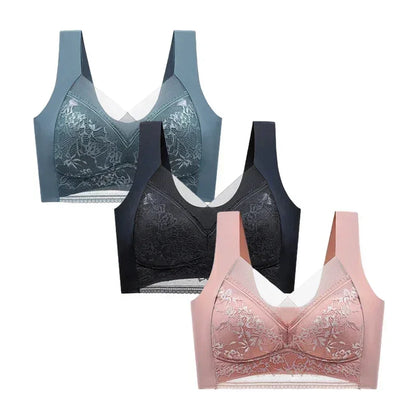 FallSweet - Conjunto de 3 sujetadores push-up de encaje para mujer, sin aros, de seda helada, con escote en V profundo, lencería femenina, ropa interior para mamá, tallas L-5XL