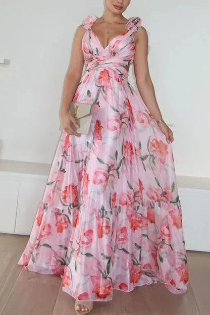 印花雪紡長裙 夏季時尚 優雅V領 荷葉邊