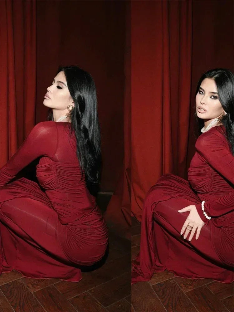 Vestido maxi sexy plisado para mujer de Tossy con retazos y manga larga ajustada