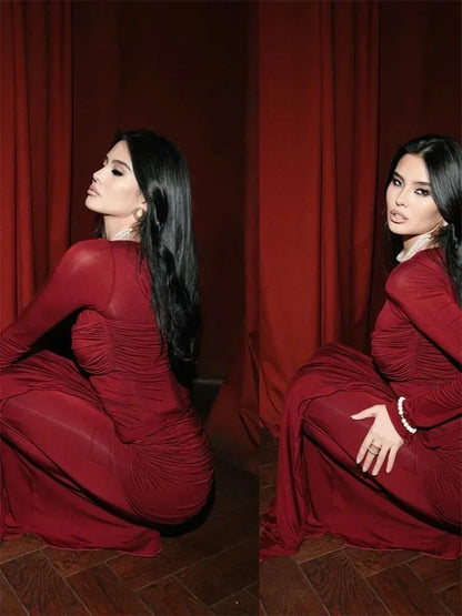 Vestido maxi sexy plisado para mujer de Tossy con retazos y manga larga ajustada