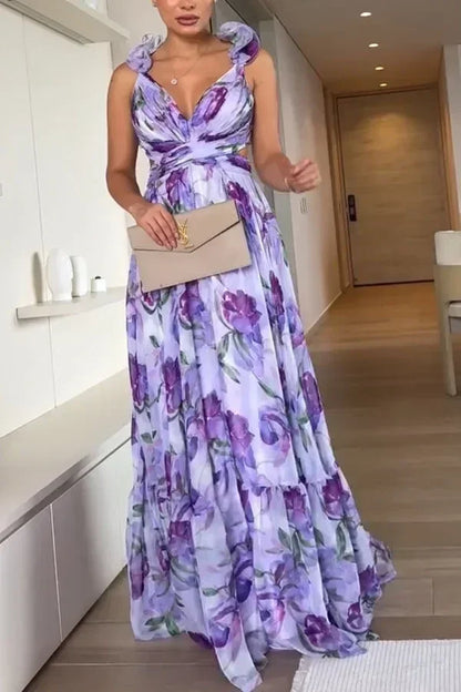 印花雪紡長裙 夏季時尚 優雅V領 荷葉邊