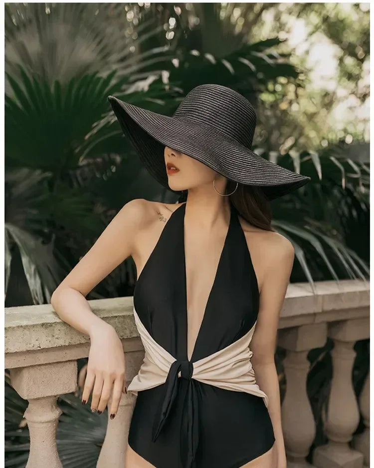 Women Sun Hat Big Eaves Waves Beach Cap Ladies Hat Big Brim Sun Visors UV Cut Bucket Panama Cap Foldable Straw Sunscreen Vintage