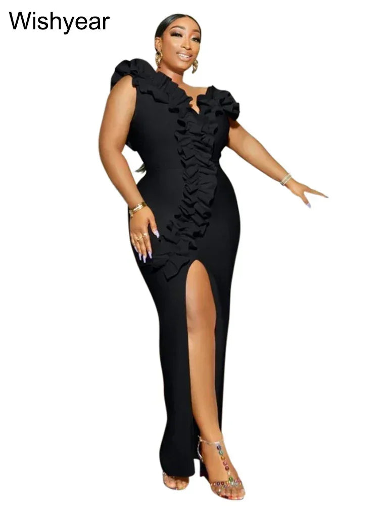 Bodycon sin mangas con hombros descubiertos y borde de orejas de madera con volantes