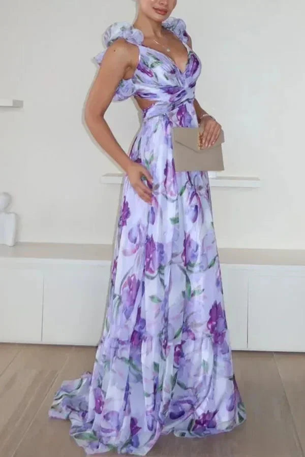 印花雪紡長裙 夏季時尚 優雅V領 荷葉邊