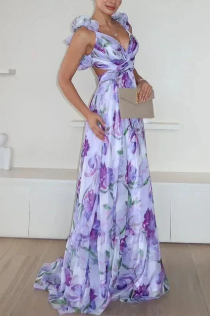 印花雪紡長裙 夏季時尚 優雅V領 荷葉邊