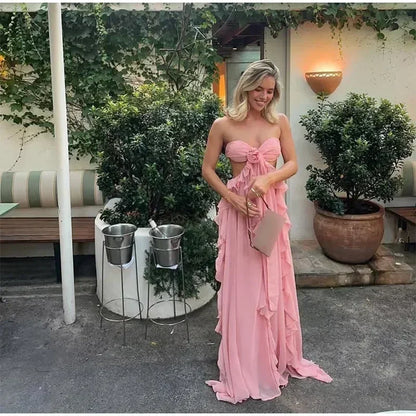 時尚女士春季鏤空3D花朵荷葉邊長裙