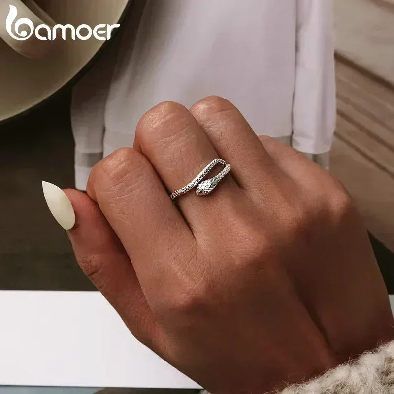 Anillo ajustable BAMOER de plata de ley 925 chapado en platino, con circonita verde y texturas retro, joyería de moda en 4 colores.