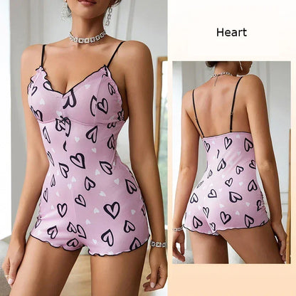 Pijama de una pieza para mujer, con estampado de labios rojos, sin mangas, corto, con tirantes y cuello en V, divertido