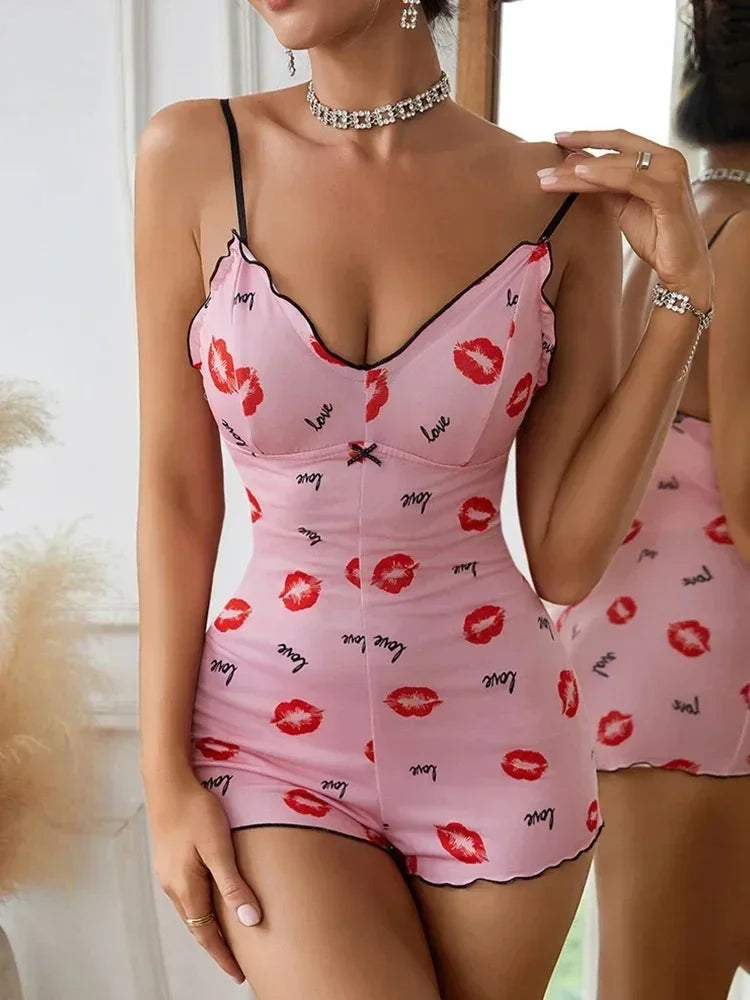 Pijama de una pieza para mujer, con estampado de labios rojos, sin mangas, corto, con tirantes y cuello en V, divertido