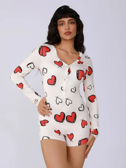Body de una pieza para mujer, pijama sexy de chica sexy con estampado digital de corazón, conjunto de manga corta, pantalones cortos, ropa para el hogar