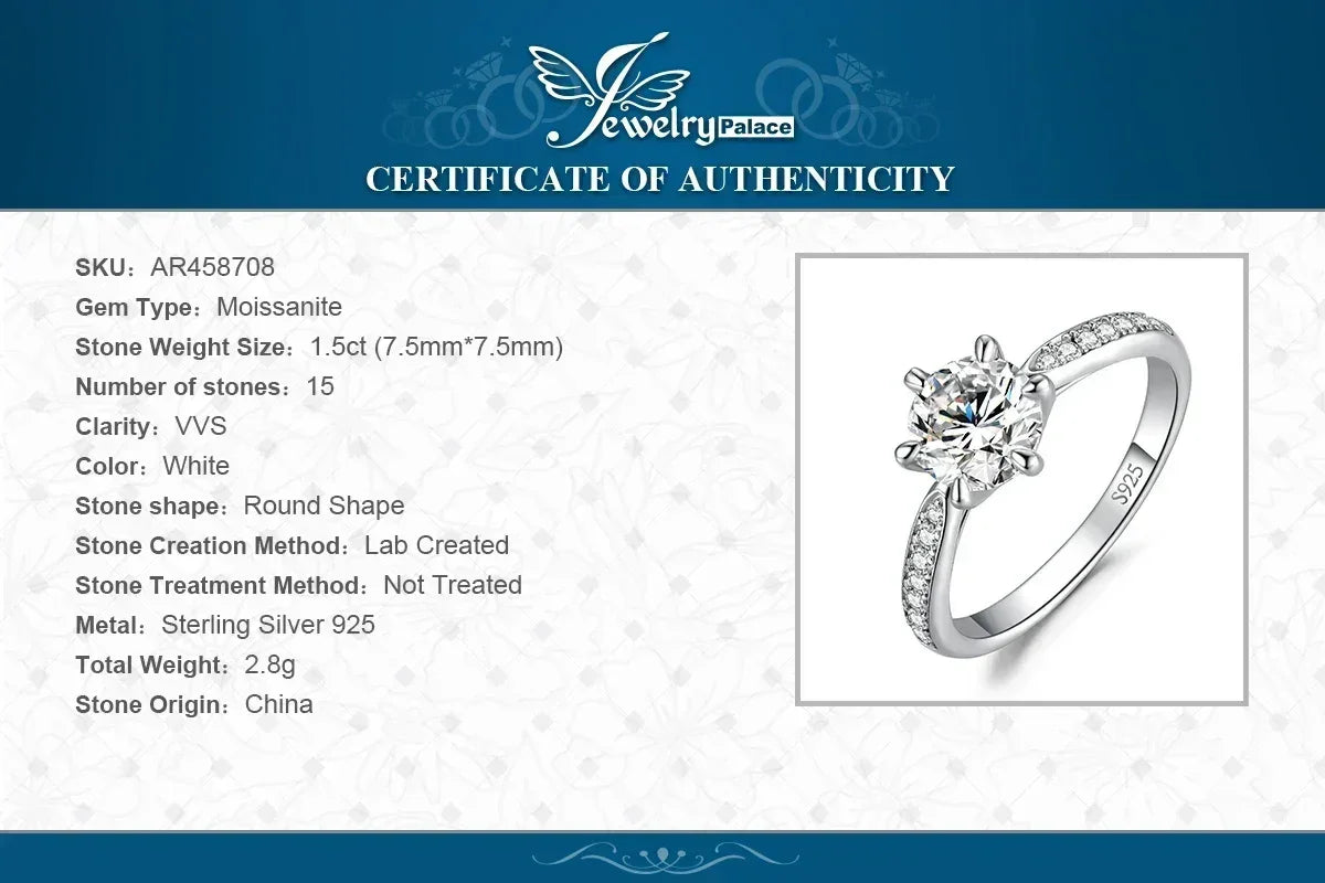 Anillo de compromiso de boda en plata de ley S925 con moissanita color D de JewelryPalace, redondo, 0,5 ct, 1 ct, 1,5 ct, 2 ct y 3 ct, para mujer