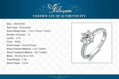 Anillo de compromiso de boda en plata de ley S925 con moissanita color D de JewelryPalace, redondo, 0,5 ct, 1 ct, 1,5 ct, 2 ct y 3 ct, para mujer