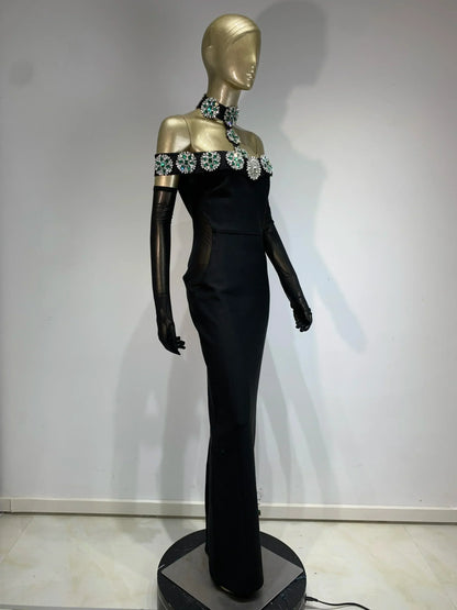 繃帶連身裙 明星性感鑽石水晶黑色長緊身連身裙