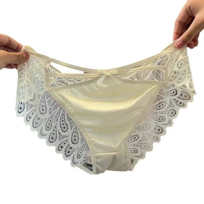 Plus Size Silk Shorts Sexy Lady Lace Hollow Breathable Satin Panties Women