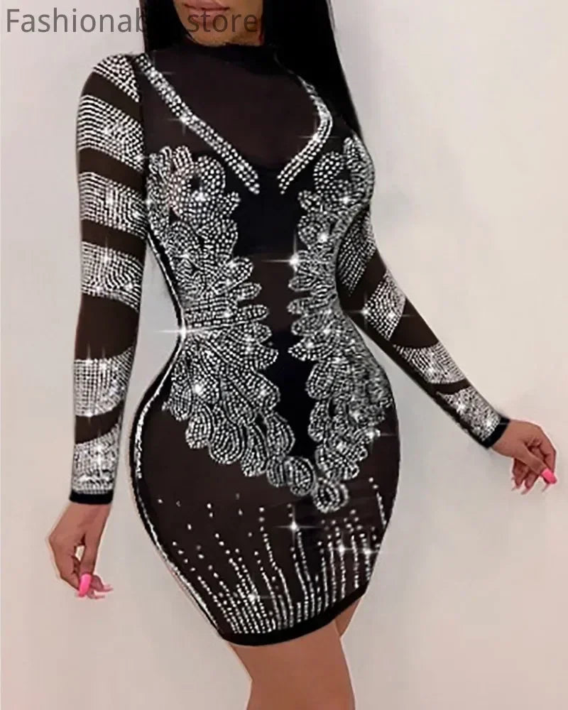 Vestido sexy de fiesta ajustado con diseño de diamantes de imitación y malla transparente de color sólido para mujer