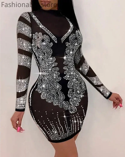 Vestido sexy de fiesta ajustado con diseño de diamantes de imitación y malla transparente de color sólido para mujer
