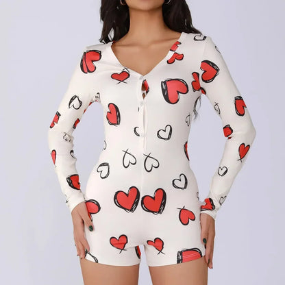 Body de una pieza para mujer, pijama sexy de chica sexy con estampado digital de corazón, conjunto de manga corta, pantalones cortos, ropa para el hogar