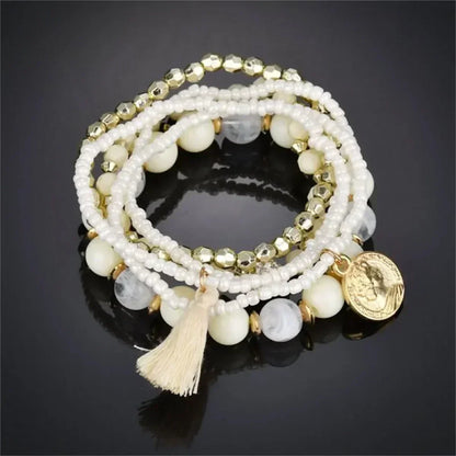 Pulseras de cuentas multicolores con borlas de cristal bohemio para mujer, hechas a mano, con cuerda elástica, joyería para fiestas de playa de verano