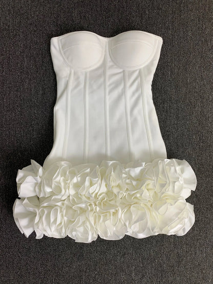 Real Photos Women New Bandage Dress Strapless Laced Up Back Flowers Hem Bodycon