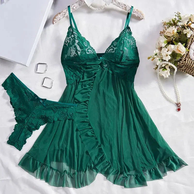 2 Pcs Set Sexy Lingerie Set Women Deep V Slip Dress Thong Erotic Bra Panty Sets Lace Nightdress Transparent Soft Nightgown