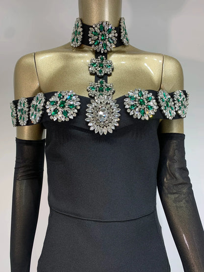 繃帶連身裙 明星性感鑽石水晶黑色長緊身連身裙