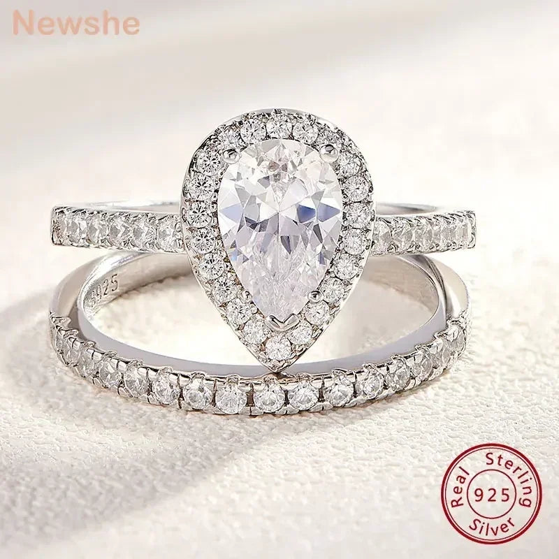 Anillo de compromiso Newshe de 2 piezas con forma de lágrima para mujer, de plata 925, con circonitas cúbicas de alta calidad.
