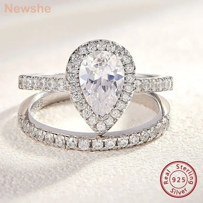 Anillo de compromiso Newshe de 2 piezas con forma de lágrima para mujer, de plata 925, con circonitas cúbicas de alta calidad.