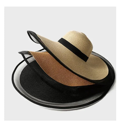 Women Sun Hat Big Eaves Waves Beach Cap Ladies Hat Big Brim Sun Visors UV Cut Bucket Panama Cap Foldable Straw Sunscreen Vintage