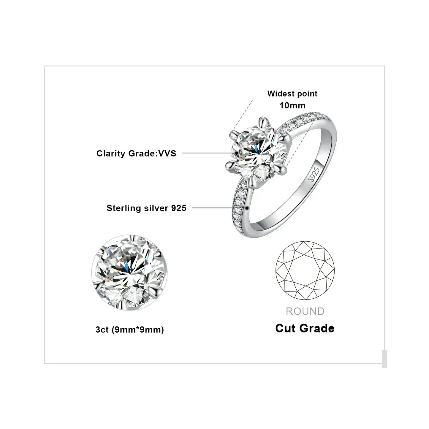 Anillo de compromiso de boda en plata de ley S925 con moissanita color D de JewelryPalace, redondo, 0,5 ct, 1 ct, 1,5 ct, 2 ct y 3 ct, para mujer