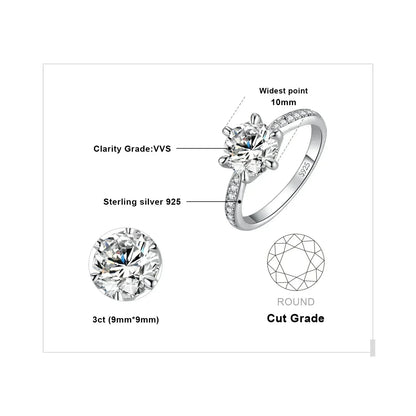 Anillo de compromiso de boda en plata de ley S925 con moissanita color D de JewelryPalace, redondo, 0,5 ct, 1 ct, 1,5 ct, 2 ct y 3 ct, para mujer