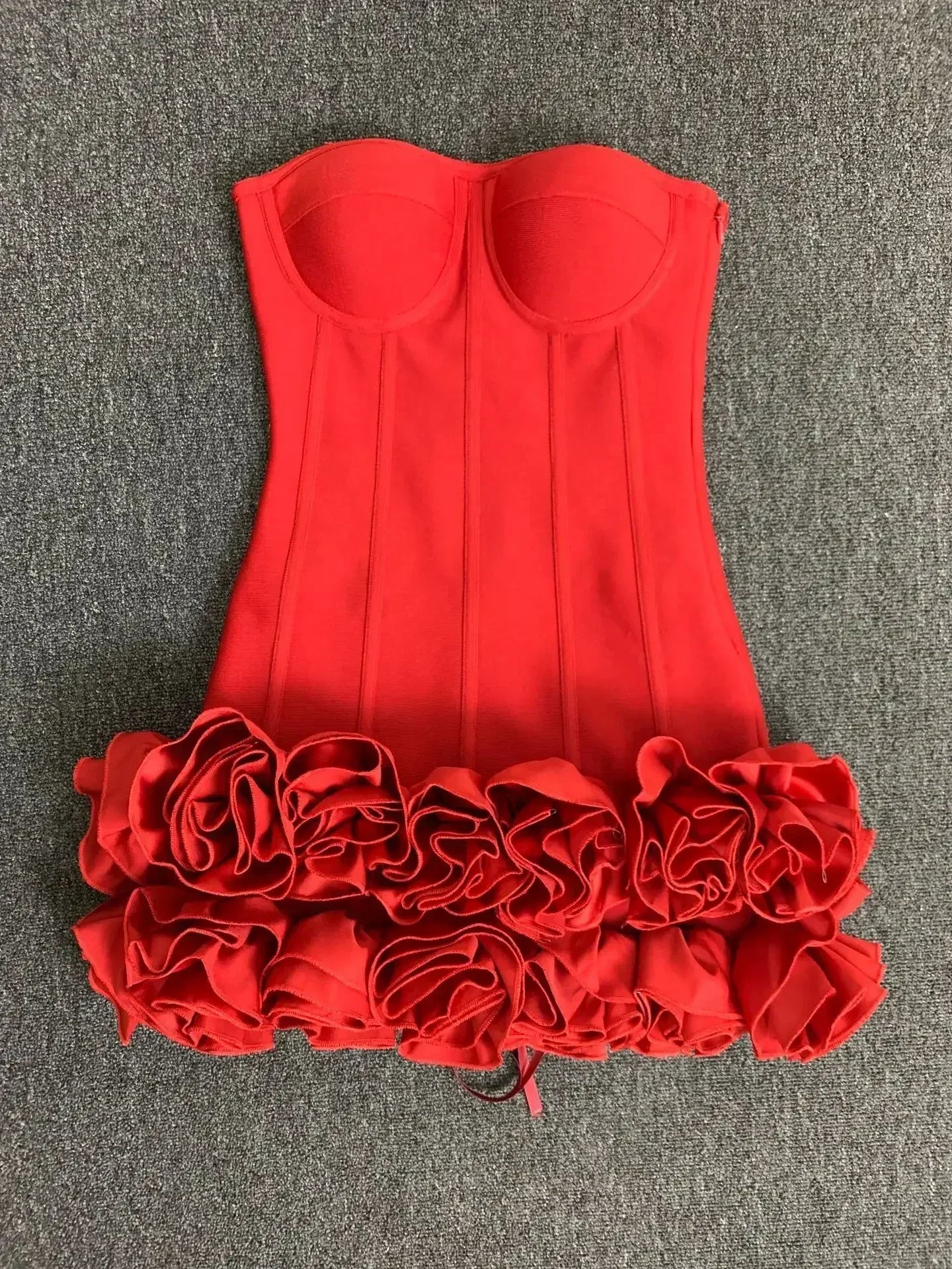 Real Photos Women New Bandage Dress Strapless Laced Up Back Flowers Hem Bodycon