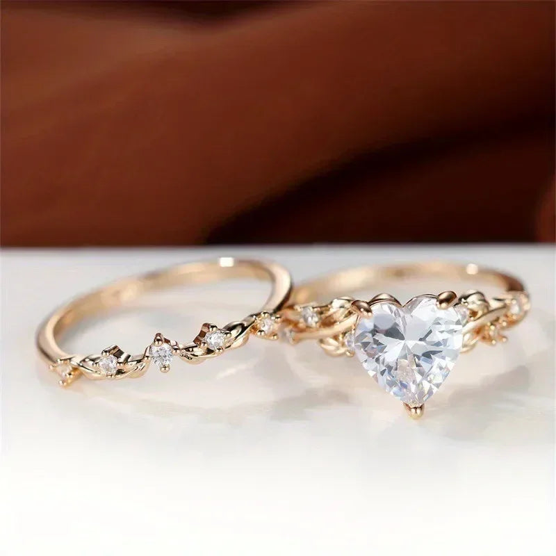 Conjunto de anillos en forma de corazón con piedra verde, negra y roja para mujer, anillos de boda de circonita blanca en color oro rosa.