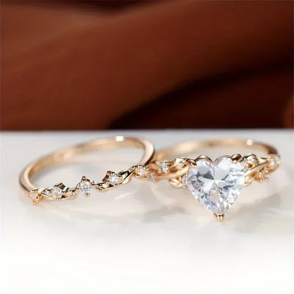 Conjunto de anillos en forma de corazón con piedra verde, negra y roja para mujer, anillos de boda de circonita blanca en color oro rosa.