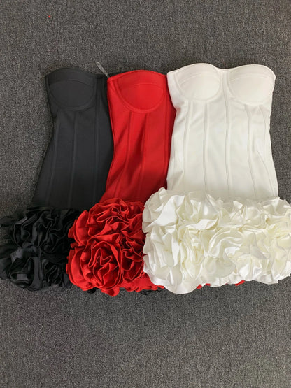 Real Photos Women New Bandage Dress Strapless Laced Up Back Flowers Hem Bodycon