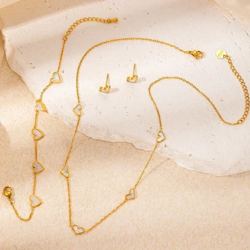 ANENJERY - Collar, pulsera y pendientes de acero inoxidable 316L con forma de corazón y concha para mujeres y niñas, conjunto de joyería sencilla de moda, regalos al por mayor