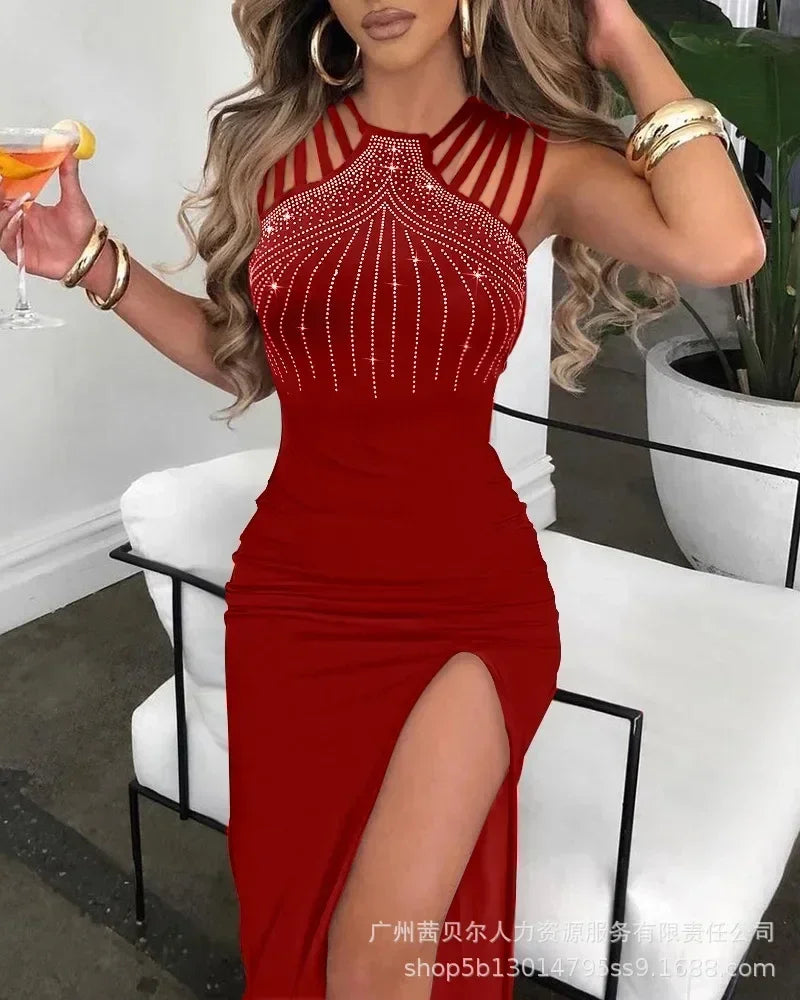 Vestido halter de lúrex con purpurina para mujer, corte entallado, abertura alta, cadena metálica, hasta media pantorrilla, primavera y verano