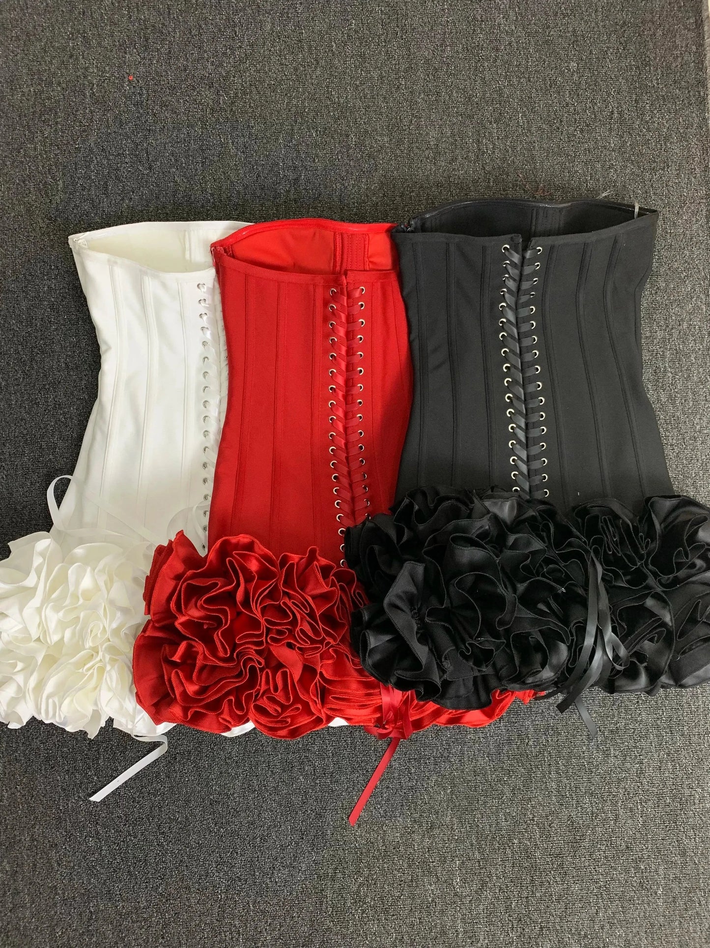 Real Photos Women New Bandage Dress Strapless Laced Up Back Flowers Hem Bodycon