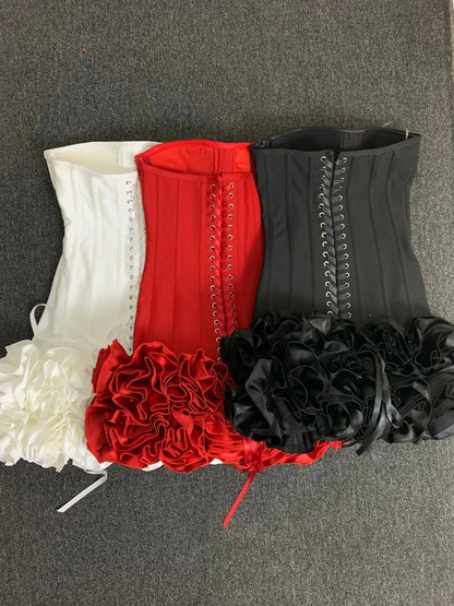 Real Photos Women New Bandage Dress Strapless Laced Up Back Flowers Hem Bodycon