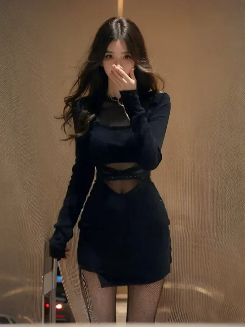 疊袖新款性感黑色魚骨連身裙