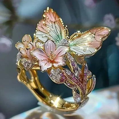 Anillos estéticos de flores y mariposas para mujer, románticos, con diamantes de imitación, elegantes, que no se decoloran, joyería de boda para mujer, regalo de fiesta