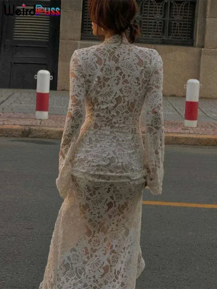 Vestido con volantes y bordado de gatitos extraños para mujer, sexy, escote en V profundo, aberturas transparentes