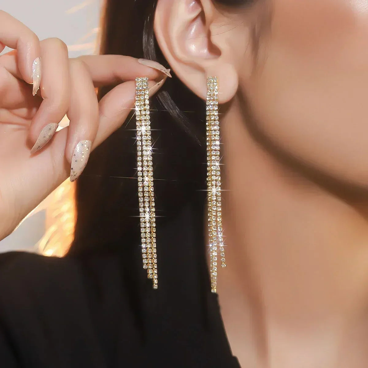Pendientes largos con borlas de cristal y diamantes de imitación brillantes de 4 líneas TREAZY para mujer, pendientes colgantes para bodas y fiestas, pendientes de novia