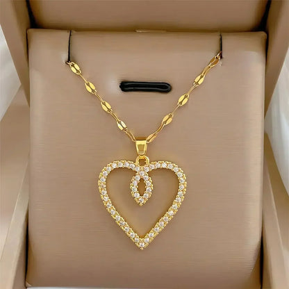 Collar de acero inoxidable con circonitas y forma de corazón para mujer y niña, moderno collar de metal dorado, ideal para fiestas, cumpleaños y uso diario.